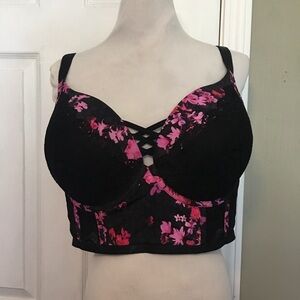 Torrid Curves Black and Pink Floral Bra with Textured Design NWOT